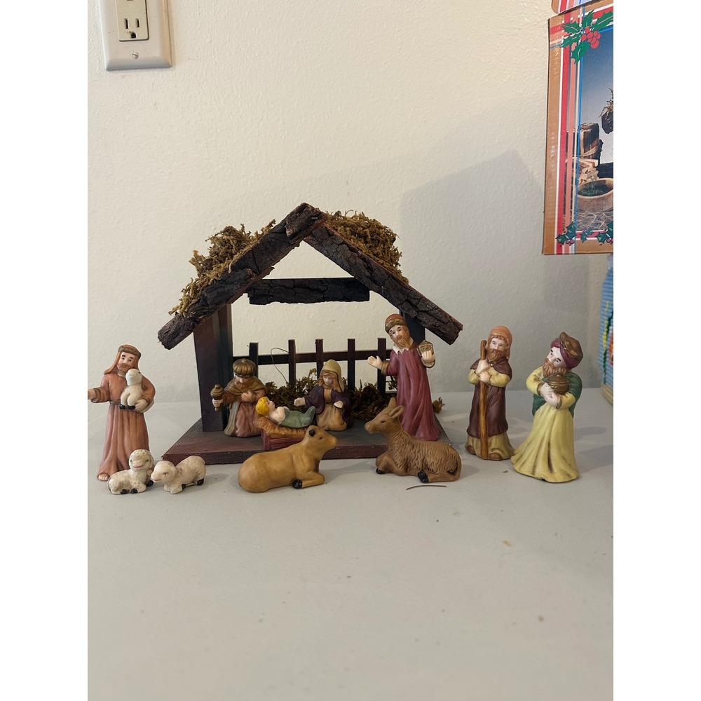 Vintage 11 Piece Christmas Nativity Set with Rustic Mossy Stable and Box